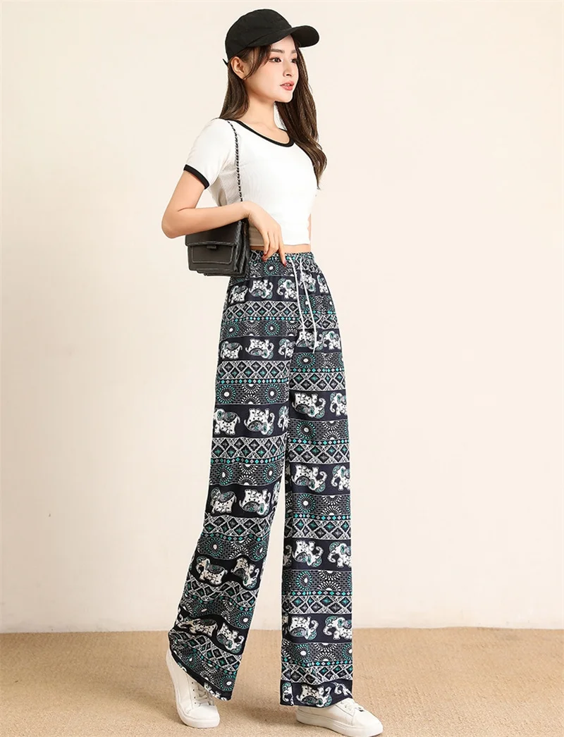Women Wide Leg Pants High Waist Elephant Print Pant Summer Thin Straight Trousers Casual Bottoms Female Clothing 2023 Fashion