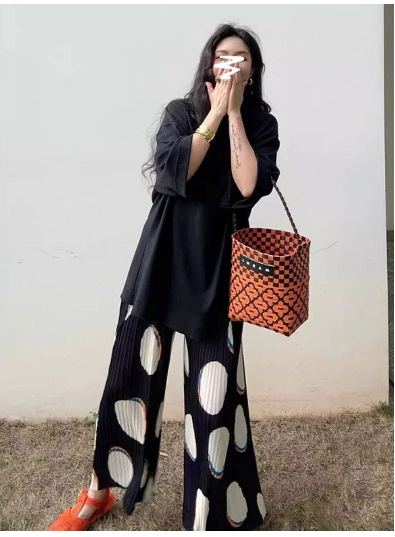 Miyake 2025 Summer New Fashion Polka Dot Women's Wide-legged Pants Loose Design High Waist Large Size Thin Casual Pants