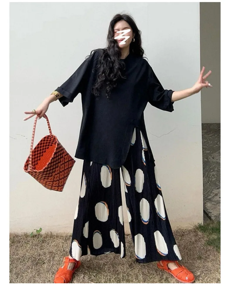 Miyake 2025 Summer New Fashion Polka Dot Women's Wide-legged Pants Loose Design High Waist Large Size Thin Casual Pants