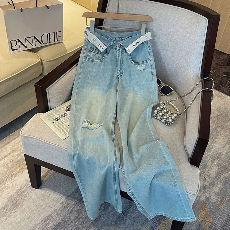 Casual Letter Jeans Women Street Chic Loose Flanging Denim Pants Female Spring High Waist Straight New Wide Leg Trousers Lady