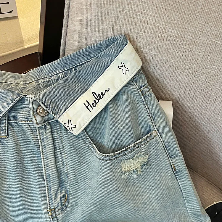 Casual Letter Jeans Women Street Chic Loose Flanging Denim Pants Female Spring High Waist Straight New Wide Leg Trousers Lady