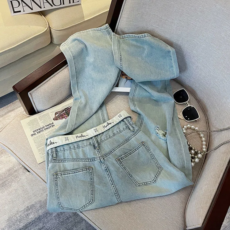 Casual Letter Jeans Women Street Chic Loose Flanging Denim Pants Female Spring High Waist Straight New Wide Leg Trousers Lady