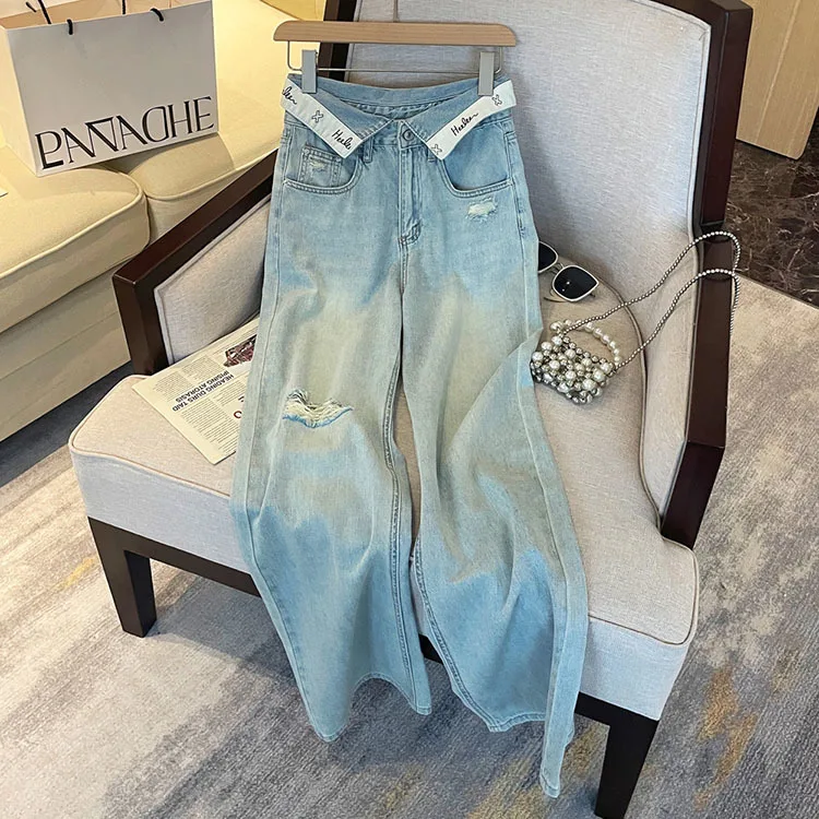 Casual Letter Jeans Women Street Chic Loose Flanging Denim Pants Female Spring High Waist Straight New Wide Leg Trousers Lady