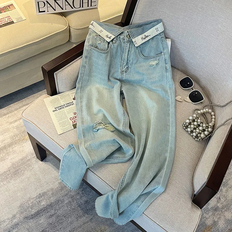 Casual Letter Jeans Women Street Chic Loose Flanging Denim Pants Female Spring High Waist Straight New Wide Leg Trousers Lady