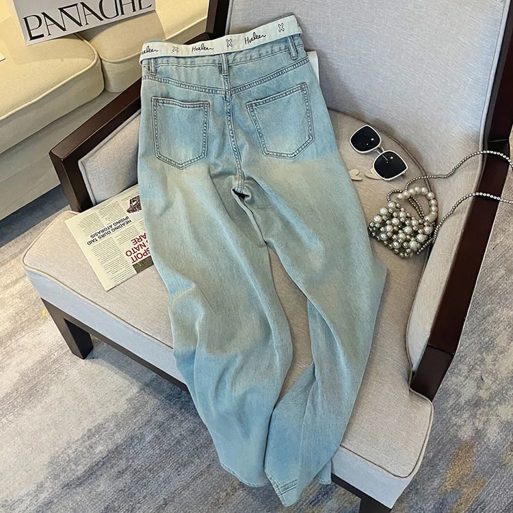 Casual Letter Jeans Women Street Chic Loose Flanging Denim Pants Female Spring High Waist Straight New Wide Leg Trousers Lady