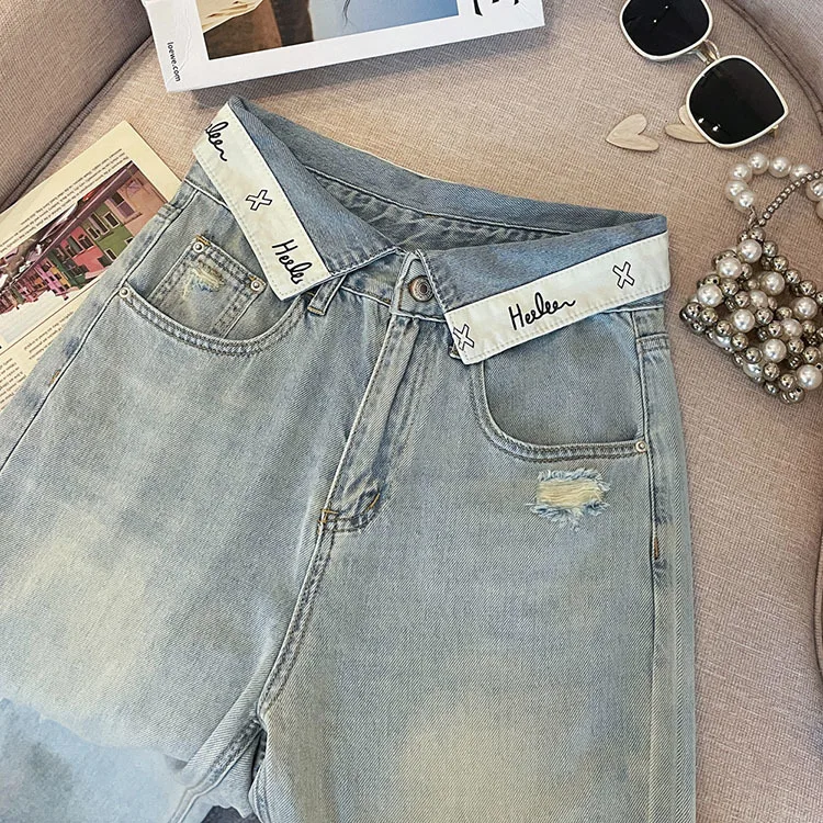 Casual Letter Jeans Women Street Chic Loose Flanging Denim Pants Female Spring High Waist Straight New Wide Leg Trousers Lady