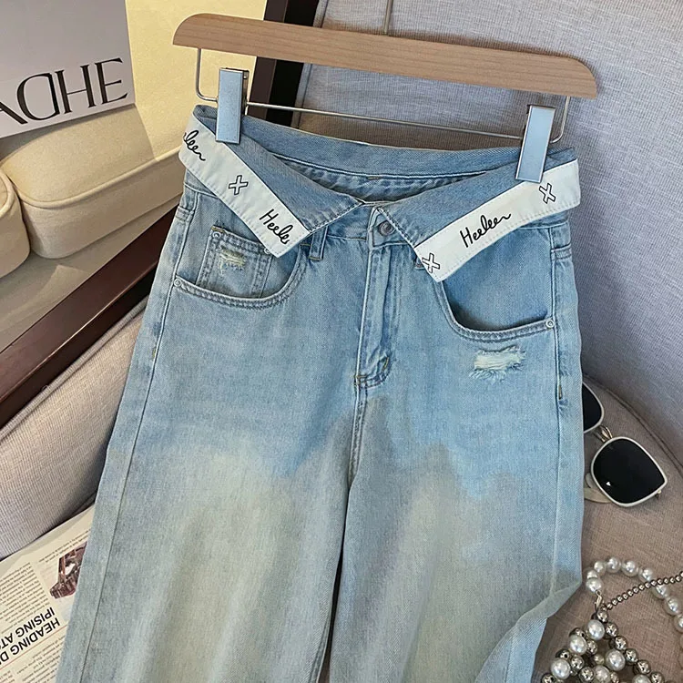 Casual Letter Jeans Women Street Chic Loose Flanging Denim Pants Female Spring High Waist Straight New Wide Leg Trousers Lady
