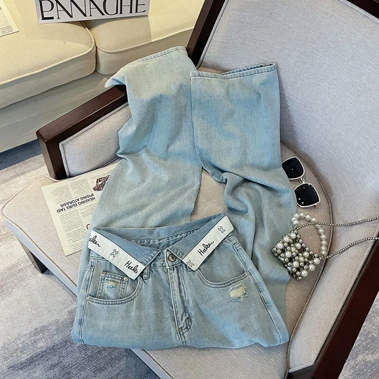 Casual Letter Jeans Women Street Chic Loose Flanging Denim Pants Female Spring High Waist Straight New Wide Leg Trousers Lady