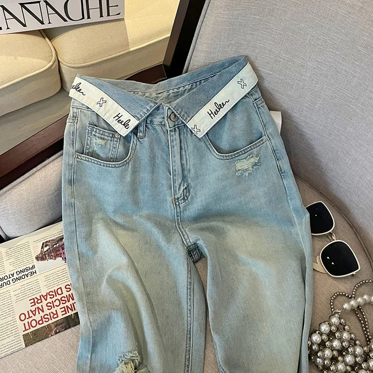 Casual Letter Jeans Women Street Chic Loose Flanging Denim Pants Female Spring High Waist Straight New Wide Leg Trousers Lady
