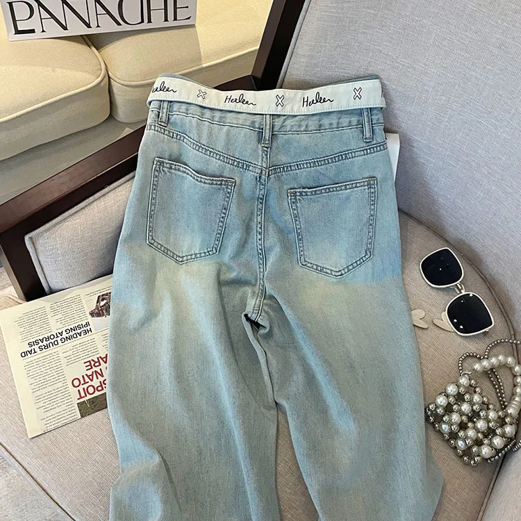 Casual Letter Jeans Women Street Chic Loose Flanging Denim Pants Female Spring High Waist Straight New Wide Leg Trousers Lady