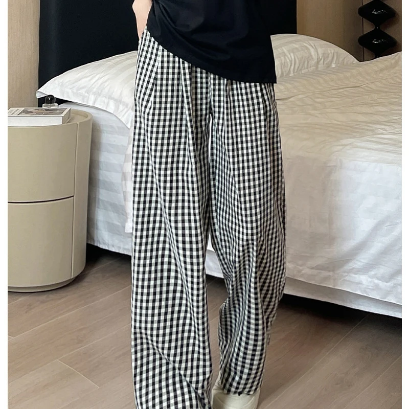 Korean Fashion Plaid Wide Leg Pants Women Summer Loose Clash Color Drape Straight Trousers Casual All-Match Elastic Waist Pants Korean Fashion Plaid Wide Leg Pants Women Summer Loose Clash Color Drape Straight Trousers Casual All-Match Elastic Waist Pants