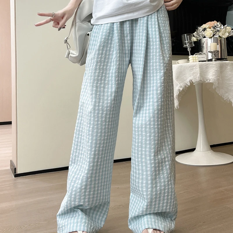 Korean Fashion Plaid Wide Leg Pants Women Summer Loose Clash Color Drape Straight Trousers Casual All-Match Elastic Waist Pants Korean Fashion Plaid Wide Leg Pants Women Summer Loose Clash Color Drape Straight Trousers Casual All-Match Elastic Waist Pants
