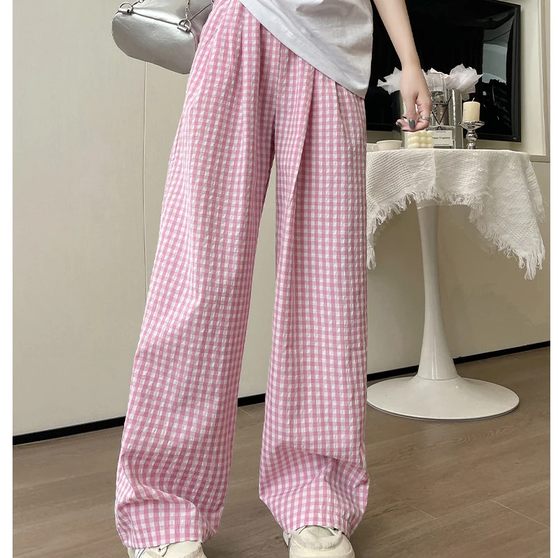 Korean Fashion Plaid Wide Leg Pants Women Summer Loose Clash Color Drape Straight Trousers Casual All-Match Elastic Waist Pants Korean Fashion Plaid Wide Leg Pants Women Summer Loose Clash Color Drape Straight Trousers Casual All-Match Elastic Waist Pants