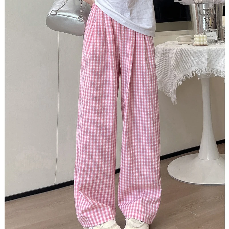 Korean Fashion Plaid Wide Leg Pants Women Summer Loose Clash Color Drape Straight Trousers Casual All-Match Elastic Waist Pants Korean Fashion Plaid Wide Leg Pants Women Summer Loose Clash Color Drape Straight Trousers Casual All-Match Elastic Waist Pants