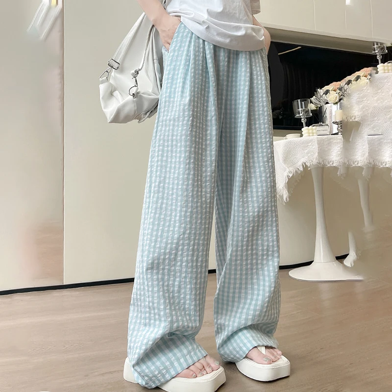 Korean Fashion Plaid Wide Leg Pants Women Summer Loose Clash Color Drape Straight Trousers Casual All-Match Elastic Waist Pants Korean Fashion Plaid Wide Leg Pants Women Summer Loose Clash Color Drape Straight Trousers Casual All-Match Elastic Waist Pants