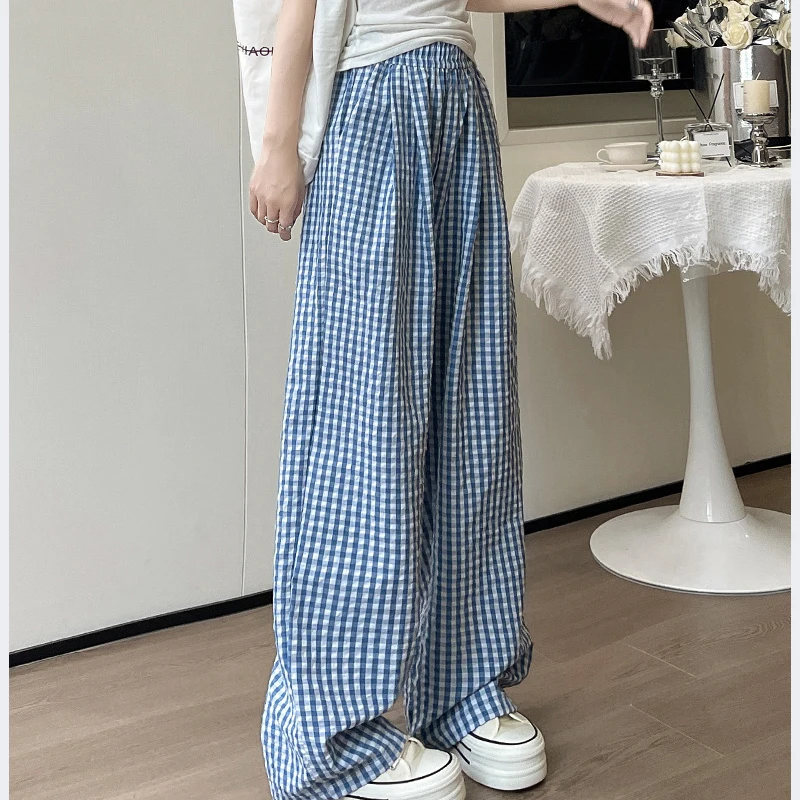 Korean Fashion Plaid Wide Leg Pants Women Summer Loose Clash Color Drape Straight Trousers Casual All-Match Elastic Waist Pants Korean Fashion Plaid Wide Leg Pants Women Summer Loose Clash Color Drape Straight Trousers Casual All-Match Elastic Waist Pants
