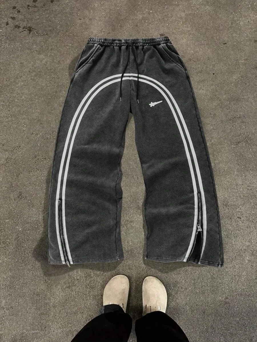American New Trend Striped Side Zipper Design Elastic Waist Wide-Leg Pants Men's Y2K Harajuku Hip-Hop Joker Casual Sweatpants American New Trend Striped Side Zipper Design Elastic Waist Wide-Leg Pants Men's Y2K Harajuku Hip-Hop Joker Casual Sweatpants