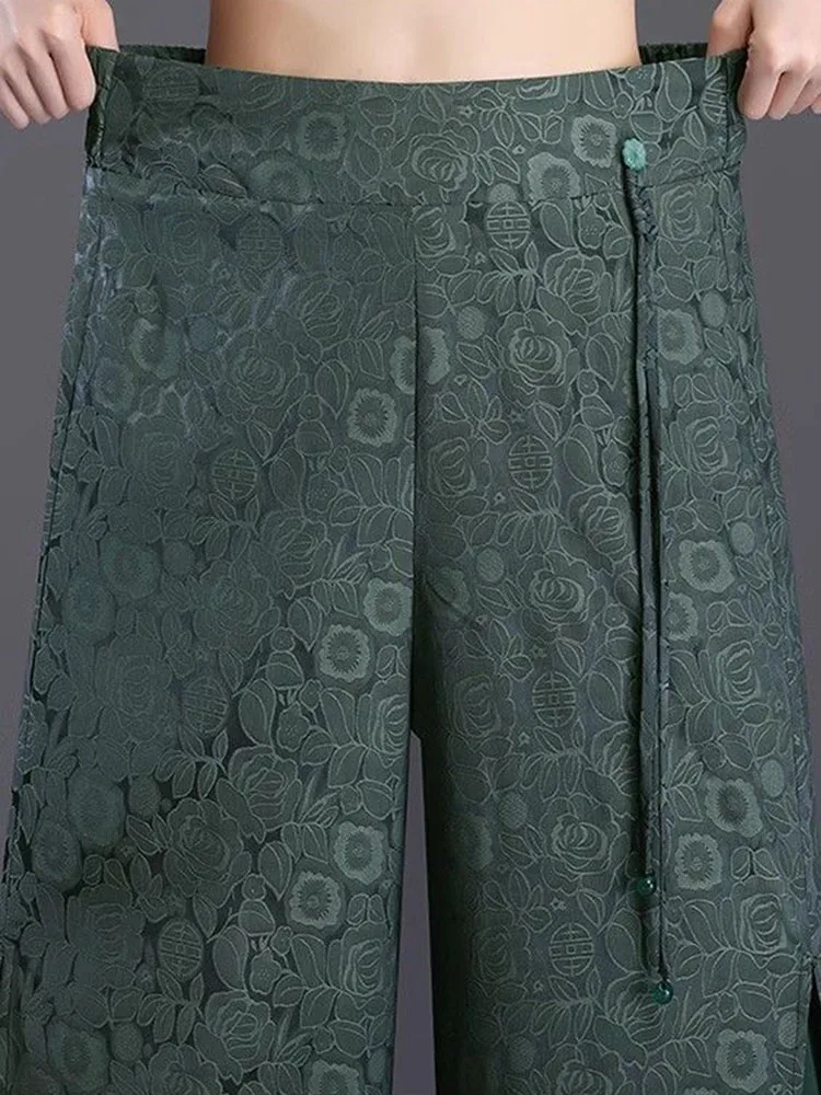 Split Jacquard Design Wide Leg Pants Women Casual High Waist Baggy Straight Pantalones Spring Fall Loose Ankle Length Calca New