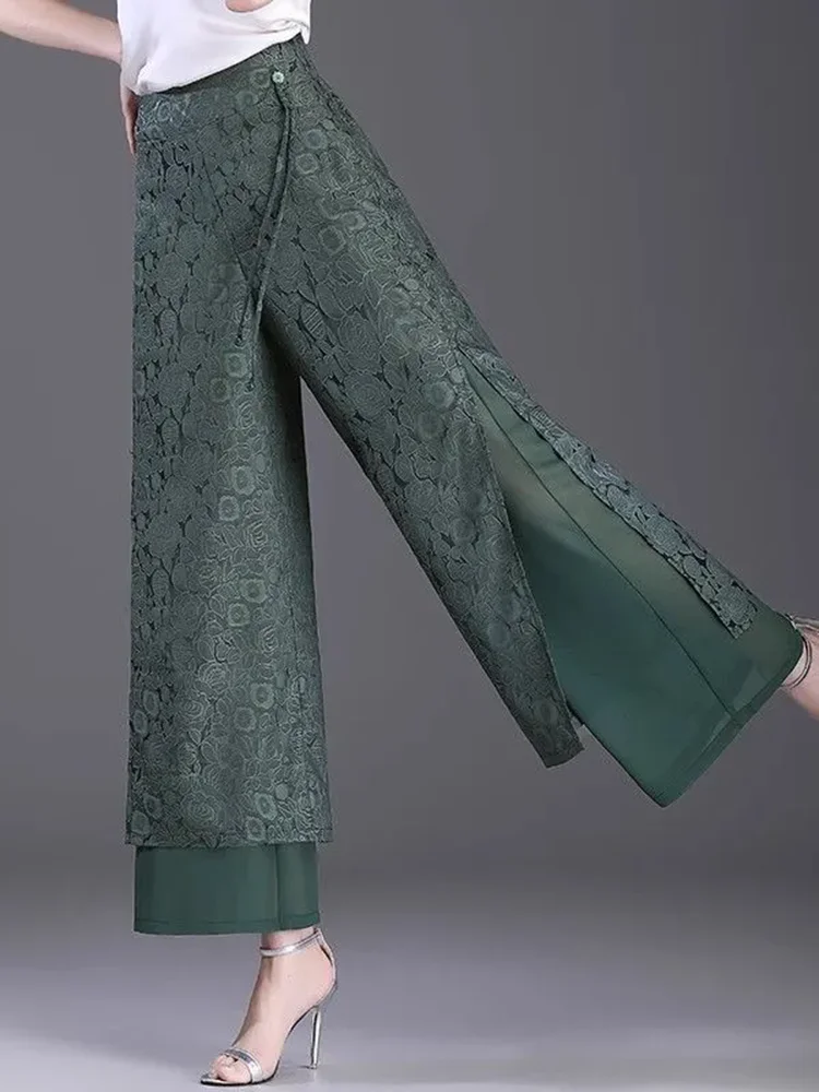 Split Jacquard Design Wide Leg Pants Women Casual High Waist Baggy Straight Pantalones Spring Fall Loose Ankle Length Calca New