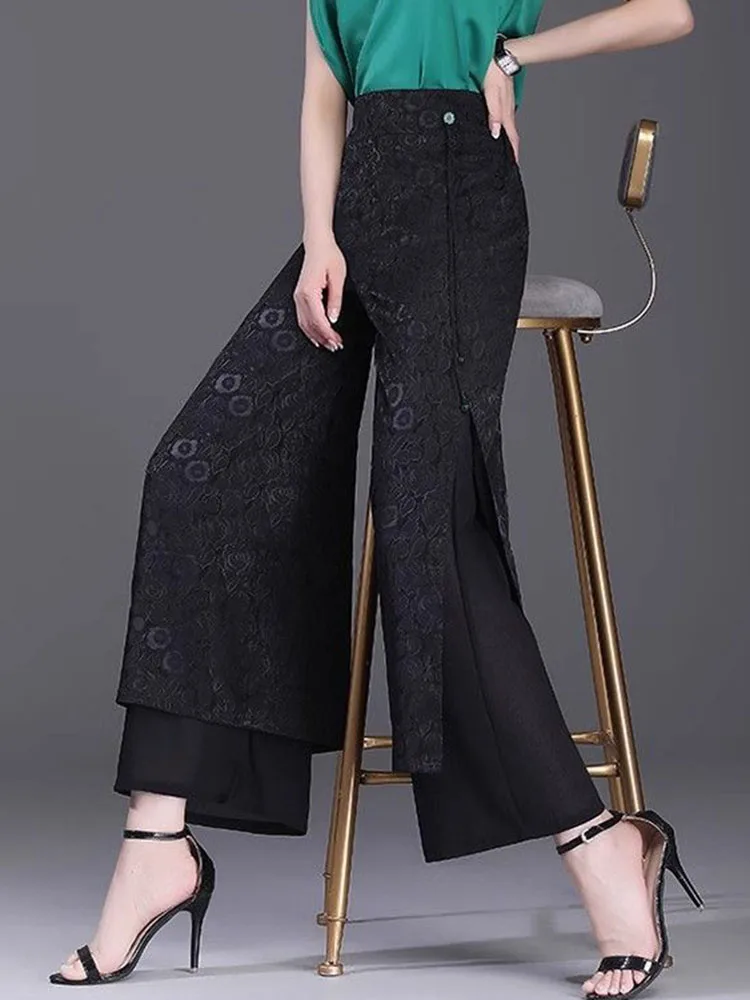 Split Jacquard Design Wide Leg Pants Women Casual High Waist Baggy Straight Pantalones Spring Fall Loose Ankle Length Calca New