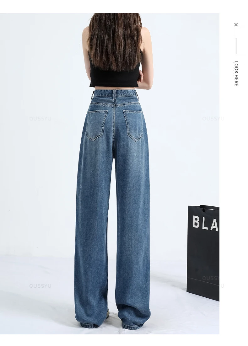 OUSSYU Summer Soft Lyocell Fabric Woman Jeans Thin Loose Straight High Waisted Pant Fashion Comfort Retro Blue Casual Trousers