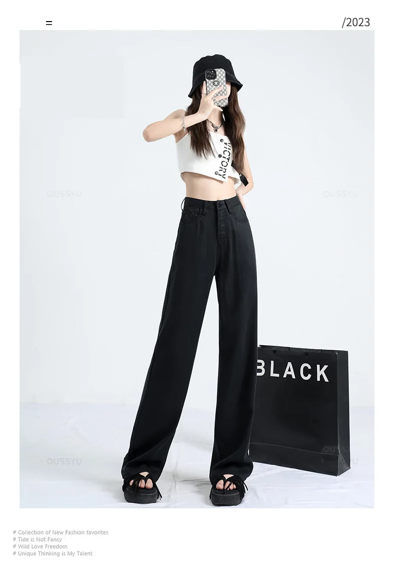 OUSSYU Summer Soft Lyocell Fabric Woman Jeans Thin Loose Straight High Waisted Pant Fashion Comfort Retro Blue Casual Trousers