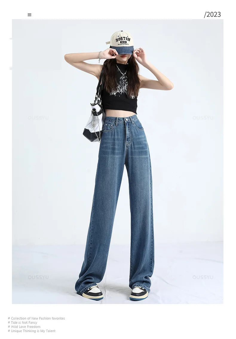 OUSSYU Summer Soft Lyocell Fabric Woman Jeans Thin Loose Straight High Waisted Pant Fashion Comfort Retro Blue Casual Trousers