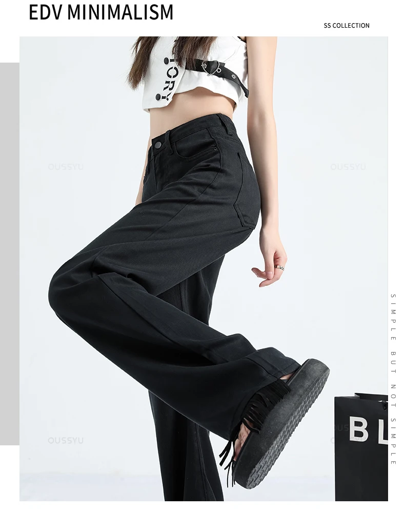 OUSSYU Summer Soft Lyocell Fabric Woman Jeans Thin Loose Straight High Waisted Pant Fashion Comfort Retro Blue Casual Trousers