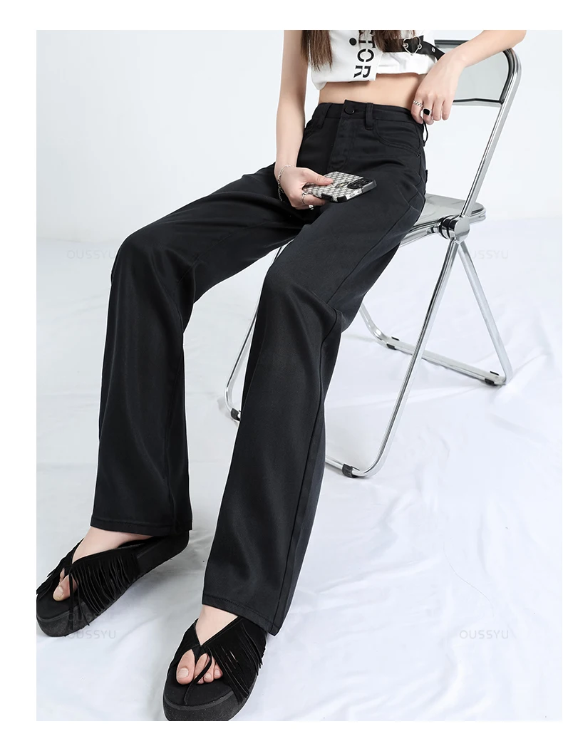 OUSSYU Summer Soft Lyocell Fabric Woman Jeans Thin Loose Straight High Waisted Pant Fashion Comfort Retro Blue Casual Trousers
