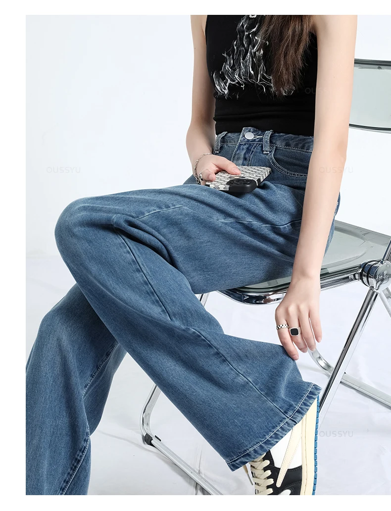 OUSSYU Summer Soft Lyocell Fabric Woman Jeans Thin Loose Straight High Waisted Pant Fashion Comfort Retro Blue Casual Trousers