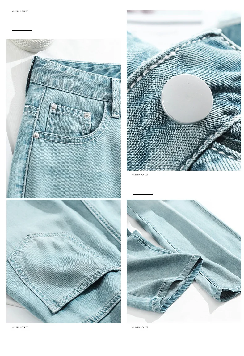OUSSYU Summer Soft Lyocell Fabric Woman Jeans Thin Loose Straight High Waisted Pant Fashion Comfort Retro Blue Casual Trousers