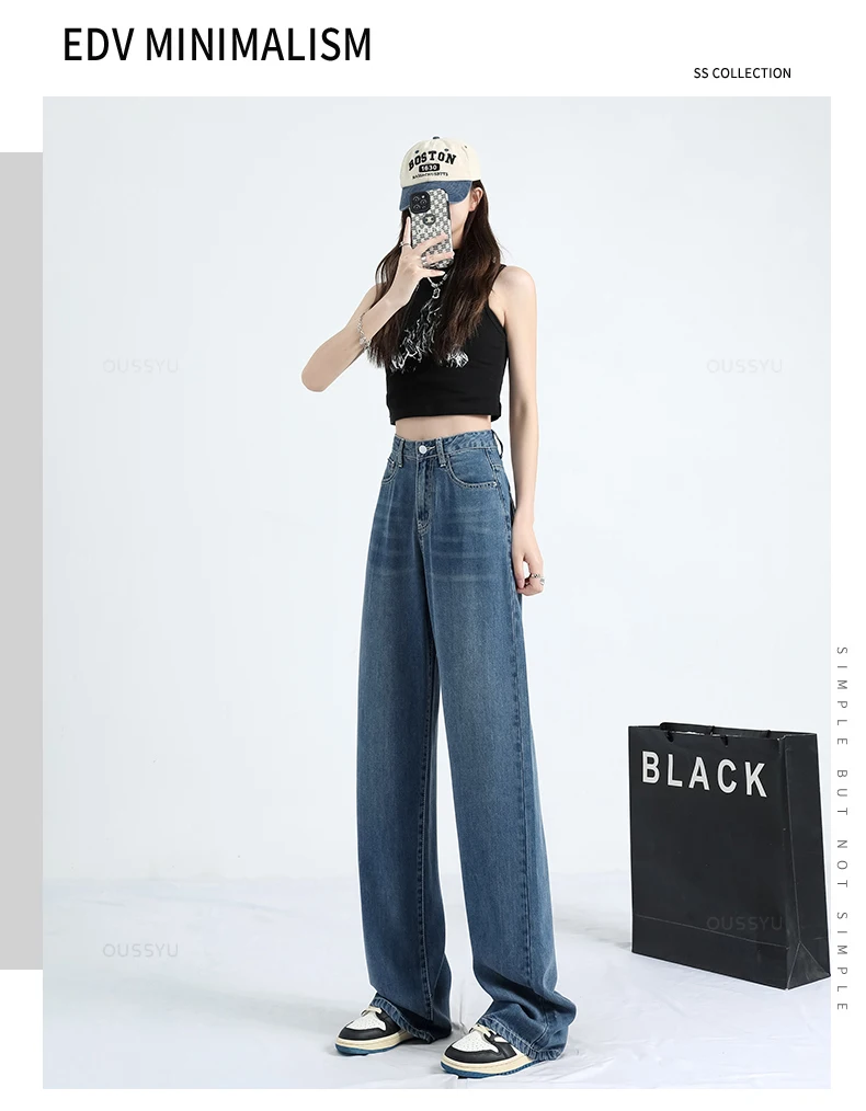 OUSSYU Summer Soft Lyocell Fabric Woman Jeans Thin Loose Straight High Waisted Pant Fashion Comfort Retro Blue Casual Trousers