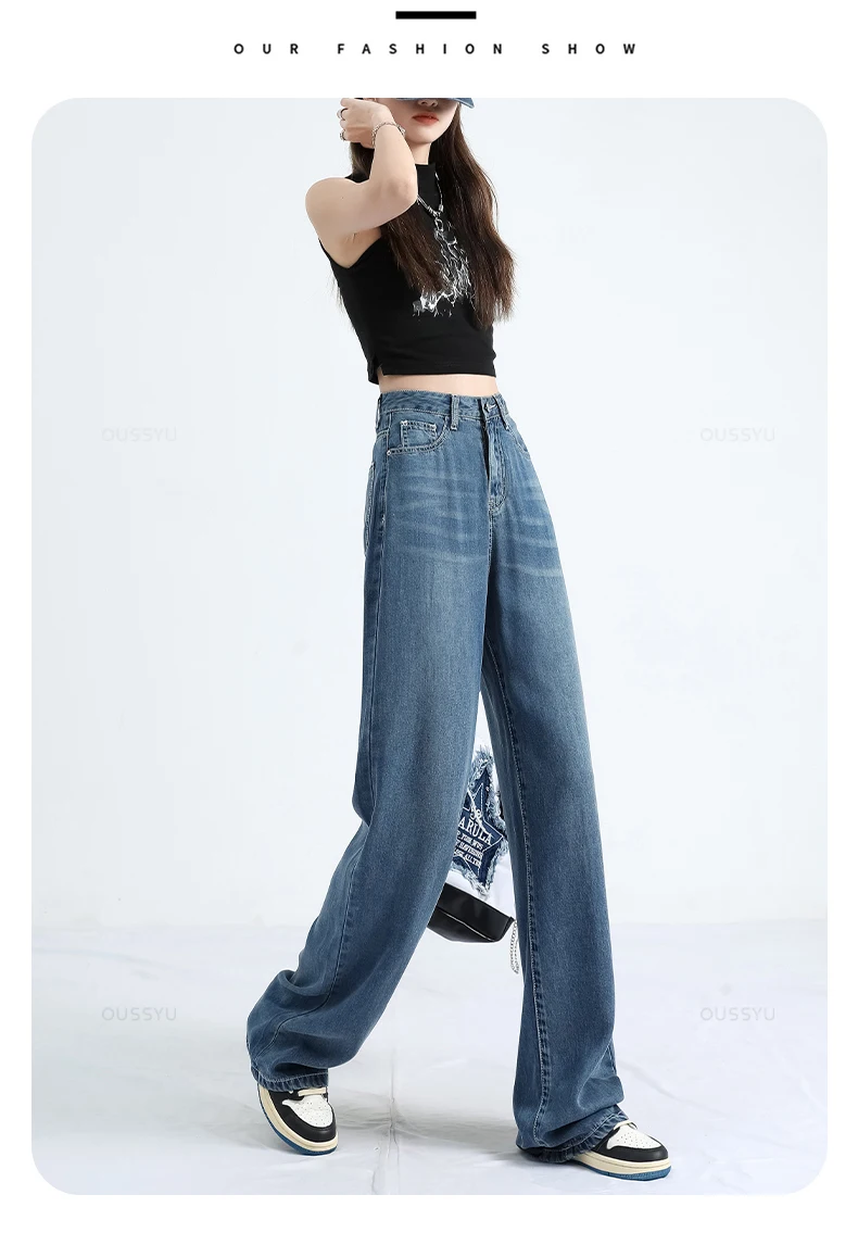 OUSSYU Summer Soft Lyocell Fabric Woman Jeans Thin Loose Straight High Waisted Pant Fashion Comfort Retro Blue Casual Trousers