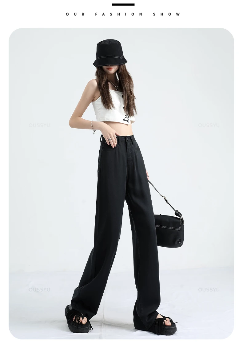 OUSSYU Summer Soft Lyocell Fabric Woman Jeans Thin Loose Straight High Waisted Pant Fashion Comfort Retro Blue Casual Trousers