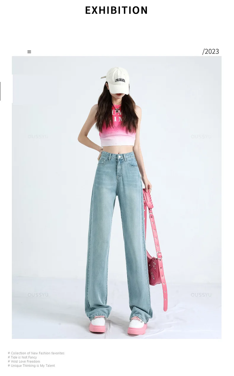 OUSSYU Summer Soft Lyocell Fabric Woman Jeans Thin Loose Straight High Waisted Pant Fashion Comfort Retro Blue Casual Trousers