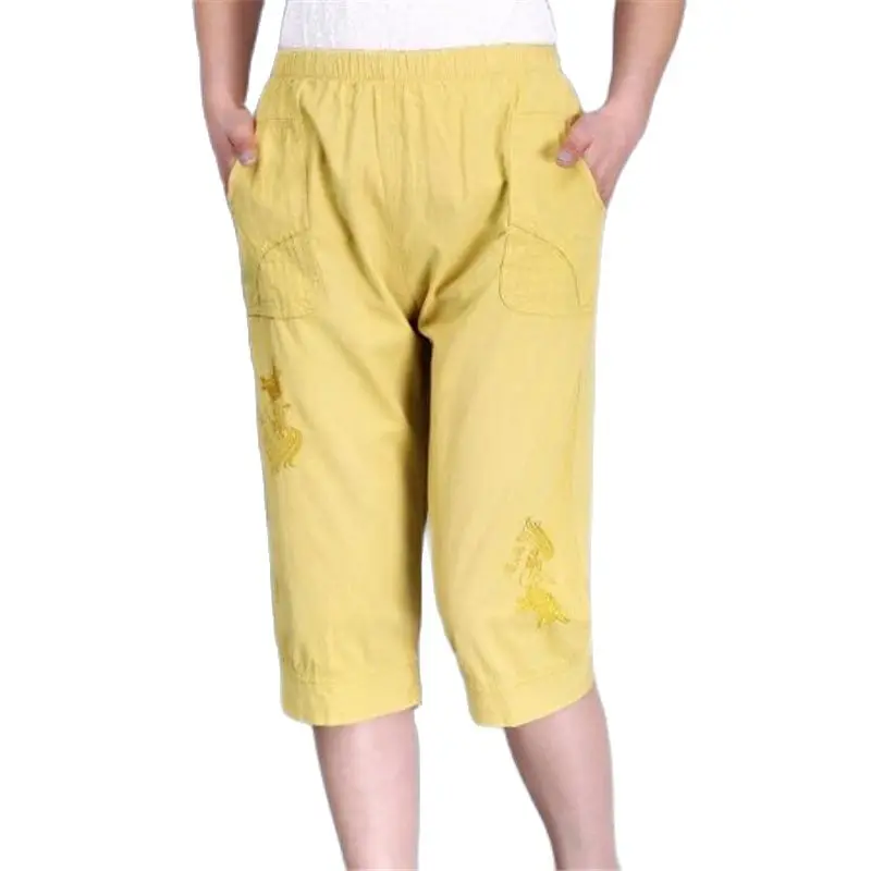 Woman Spring Hot Sale 100% Cotton Pants Female Summer Thin Trousers Women Elastic Waist Capris Lady Knee Length