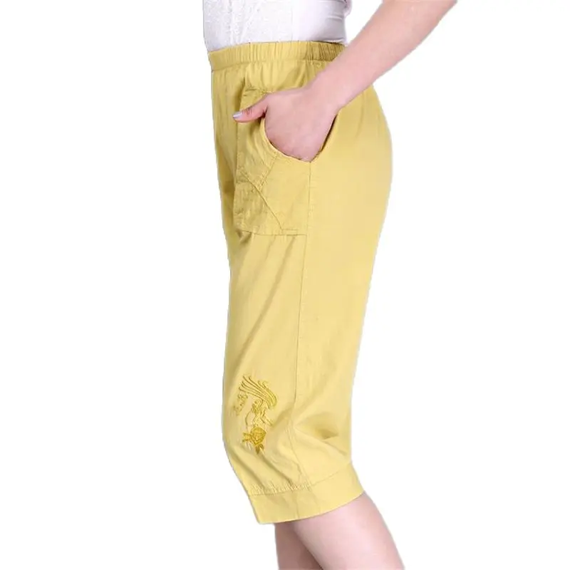Woman Spring Hot Sale 100% Cotton Pants Female Summer Thin Trousers Women Elastic Waist Capris Lady Knee Length