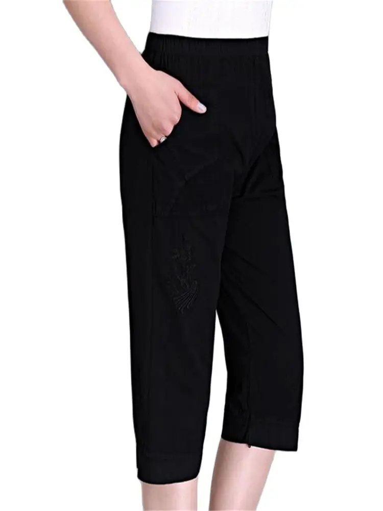 Woman Spring Hot Sale 100% Cotton Pants Female Summer Thin Trousers Women Elastic Waist Capris Lady Knee Length
