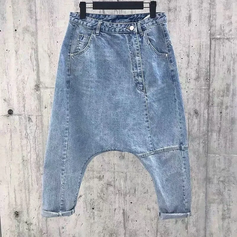 Women High Waist Chic Nine Points Harem Blue Jeans Hip Hop Street Cross-pants Full Length Clothing Boyfriend Washed Pants 2024