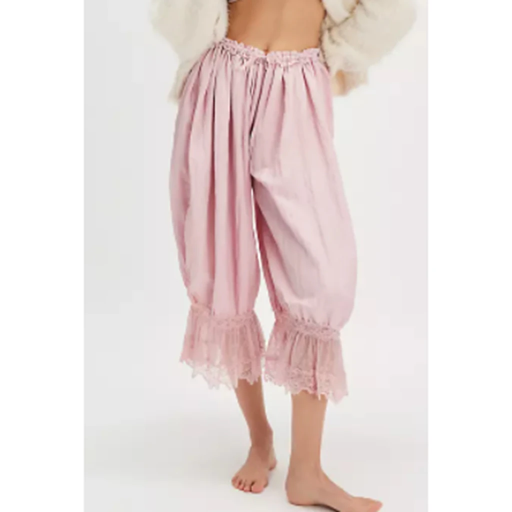 Combhasaki Women's Y2K Loose Fit Bloomers Cropped Pants Drawstring High Waist Floral Lace Patchwork Calf-Length Lantern Trousers