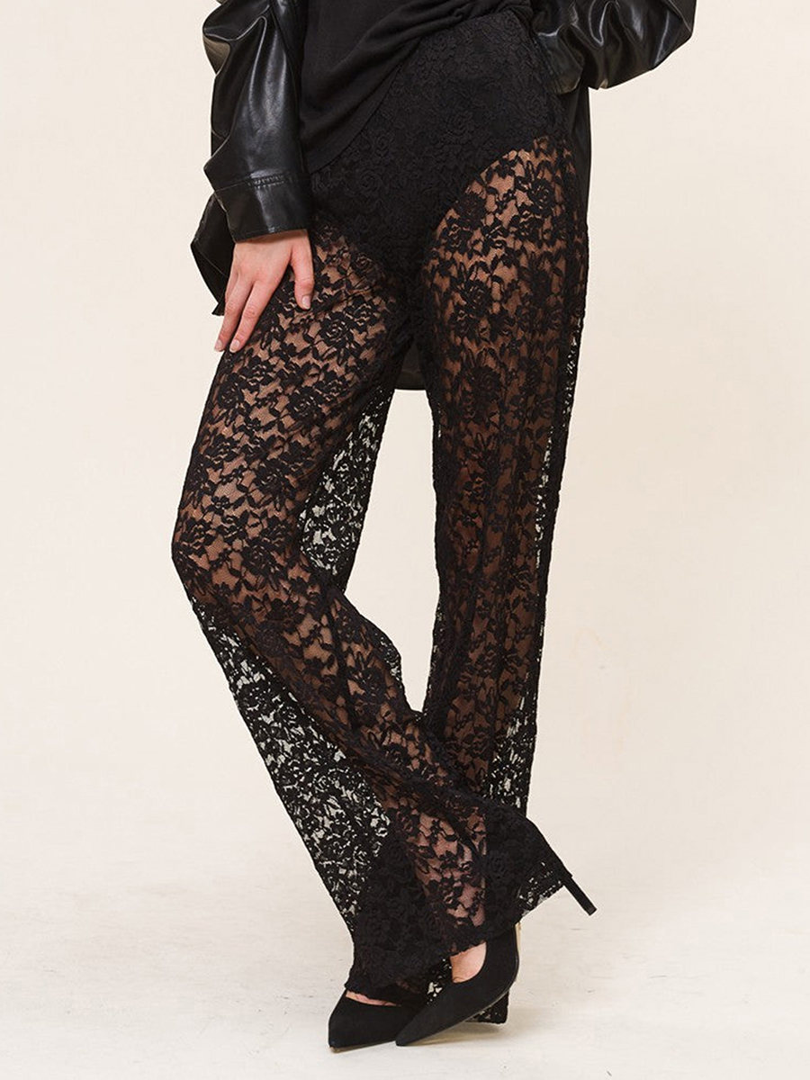2024 New Women Lace Bell Pant Sexy See Through Flare Bottom Leggings Hollow Out Mesh Cover Up Trousers