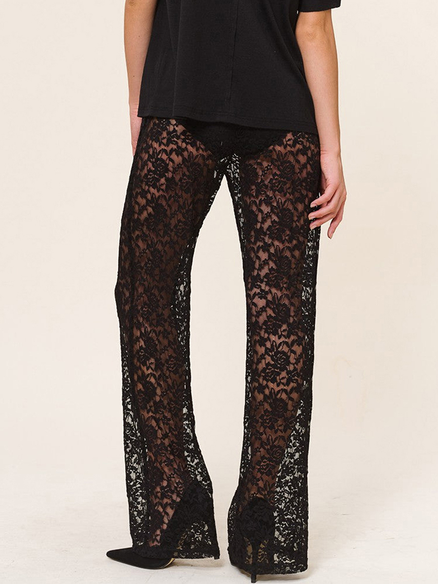 2024 New Women Lace Bell Pant Sexy See Through Flare Bottom Leggings Hollow Out Mesh Cover Up Trousers